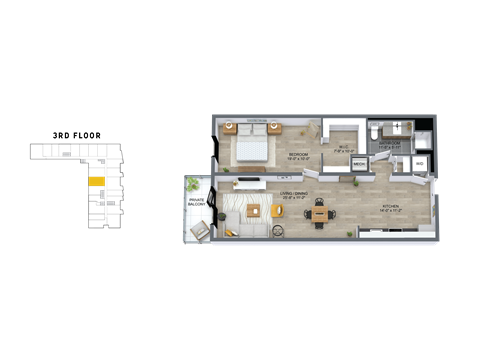 Floor plan for 1 bed, 1 bath, 925 sqft